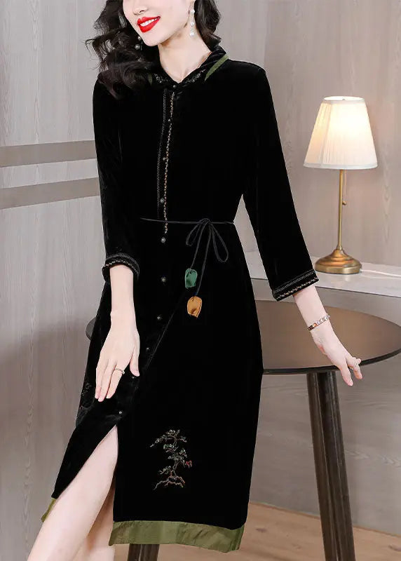 Vogue Black Peter Pan Collar Embroidered Tie Waist Silk Velour Vacation Dresses Fall Ada Fashion