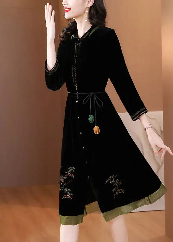 Vogue Black Peter Pan Collar Embroidered Tie Waist Silk Velour Vacation Dresses Fall Ada Fashion