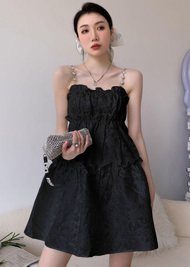 Vogue Black Ruffled Jacquard Cotton Spaghetti Strap Dress Summer Ada Fashion