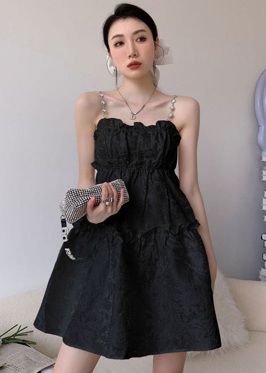 Vogue Black Ruffled Jacquard Cotton Spaghetti Strap Dress Summer Ada Fashion