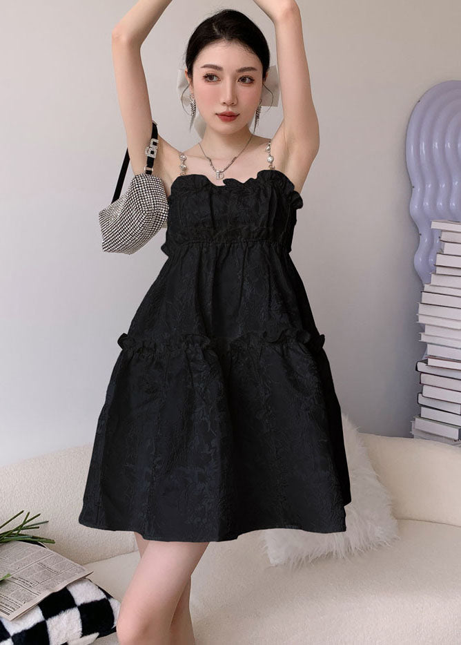 Vogue Black Ruffled Jacquard Cotton Spaghetti Strap Dress Summer Ada Fashion