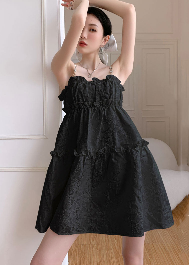 Vogue Black Ruffled Jacquard Cotton Spaghetti Strap Dress Summer Ada Fashion