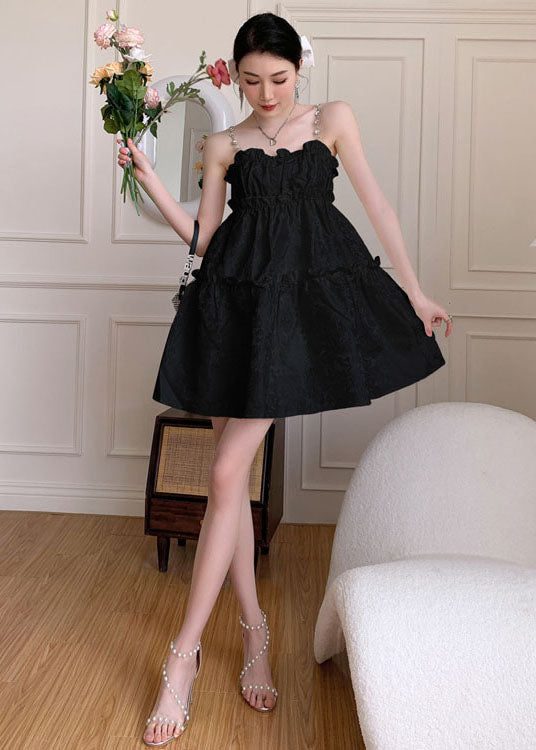 Vogue Black Ruffled Jacquard Cotton Spaghetti Strap Dress Summer Ada Fashion