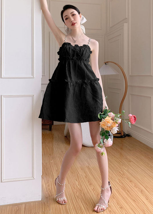 Vogue Black Ruffled Jacquard Cotton Spaghetti Strap Dress Summer Ada Fashion