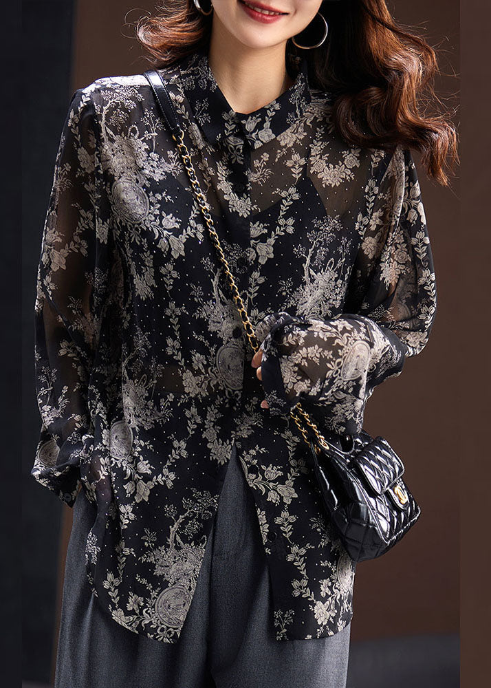 Vogue Black Square Collar Print Button Chiffon Shirts Long Sleeve Ada Fashion