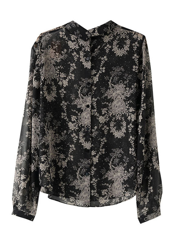 Vogue Black Square Collar Print Button Chiffon Shirts Long Sleeve Ada Fashion