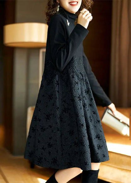 Vogue Black Turtleneck Lace Patchwork Maxi Dress Fall Ada Fashion