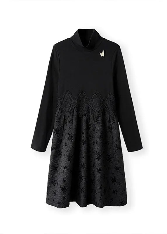 Vogue Black Turtleneck Lace Patchwork Maxi Dress Fall Ada Fashion