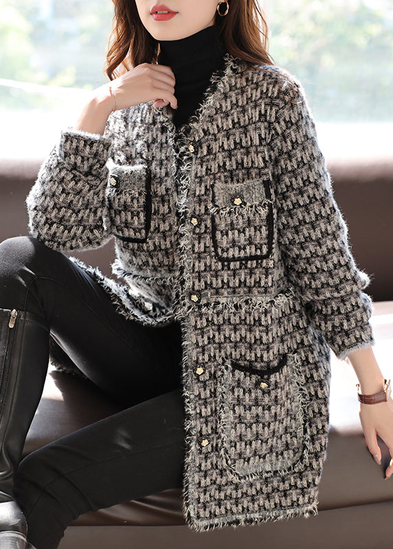 Vogue Black V Neck Pockets Button Plaid Knit Coat Fall Ada Fashion