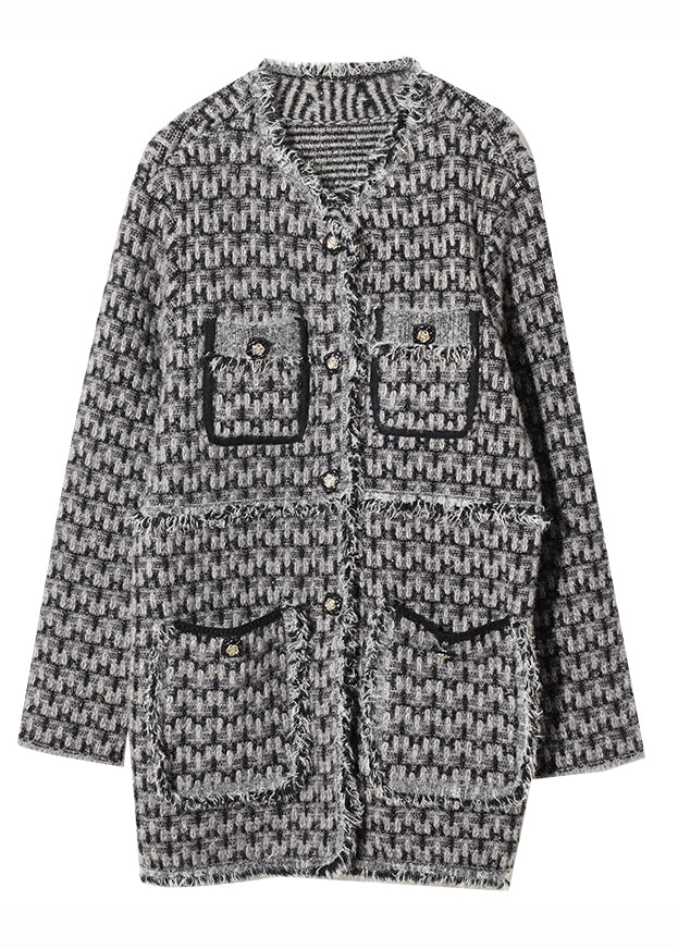 Vogue Black V Neck Pockets Button Plaid Knit Coat Fall Ada Fashion