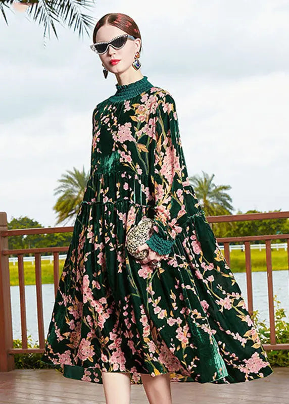 Vogue Blackish Green Turtleneck Print Wrinkled Silk Velour Maxi Dress Fall Ada Fashion