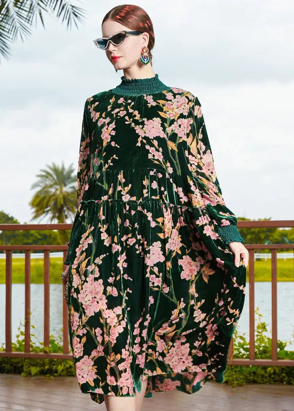 Vogue Blackish Green Turtleneck Print Wrinkled Silk Velour Maxi Dress Fall Ada Fashion