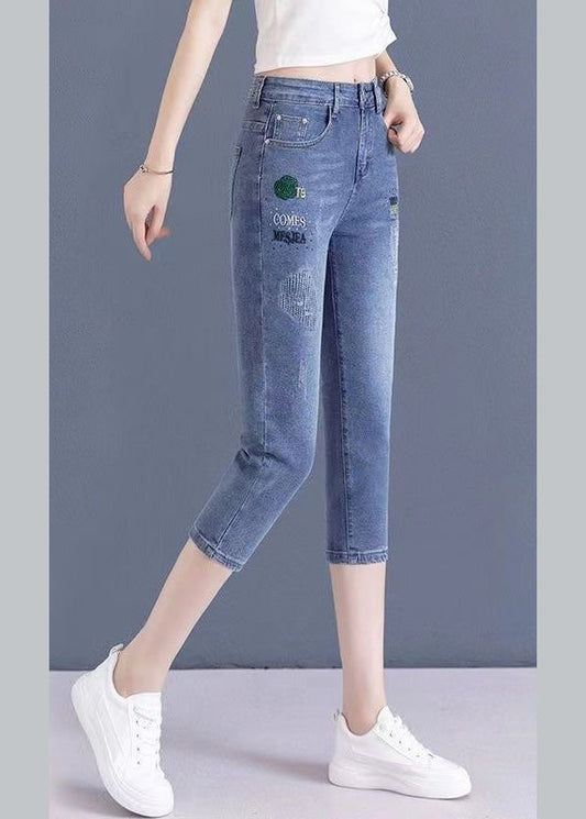 Vogue Blue Embroideried Button Crop Jeans TY1069 - fabuloryshop