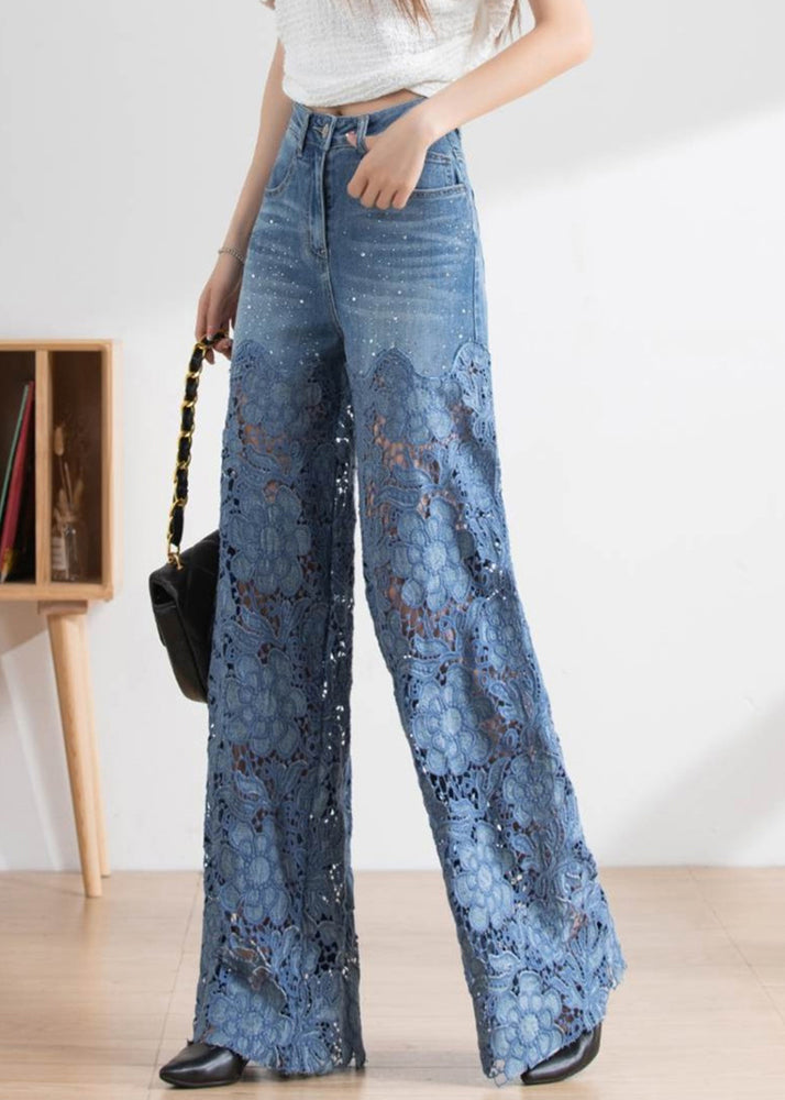 Vogue Blue Lace Patchwork Hollow Out High Waist Debun Straight Pants Spring LY1952 - fabuloryshop