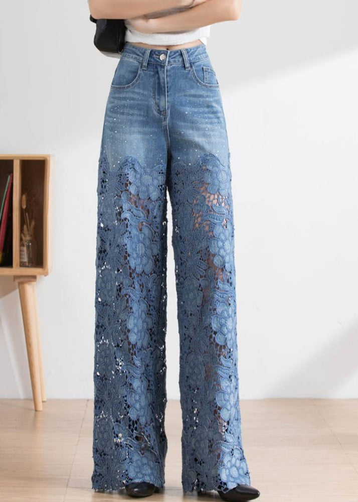 Vogue Blue Lace Patchwork Hollow Out High Waist Debun Straight Pants Spring LY1952 - fabuloryshop