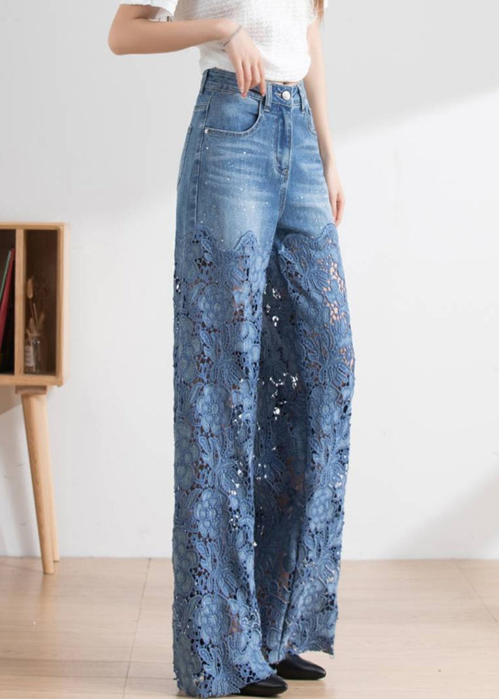 Vogue Blue Lace Patchwork Hollow Out High Waist Debun Straight Pants Spring LY1952 - fabuloryshop