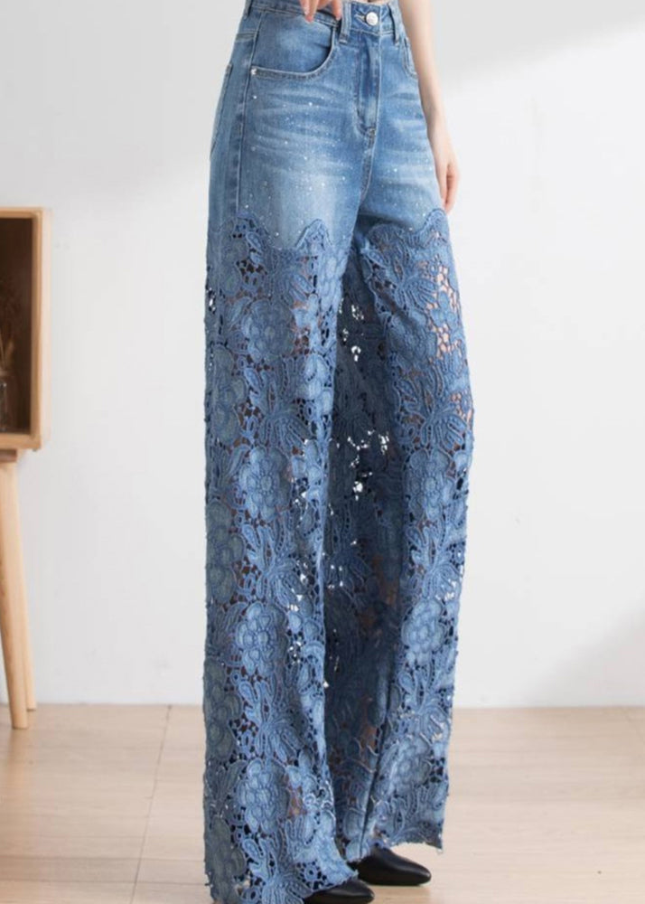 Vogue Blue Lace Patchwork Hollow Out High Waist Debun Straight Pants Spring LY1952 - fabuloryshop