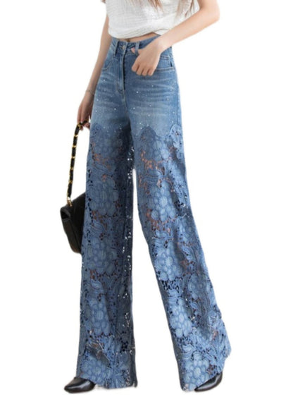 Vogue Blue Lace Patchwork Hollow Out High Waist Debun Straight Pants Spring LY1952 - fabuloryshop