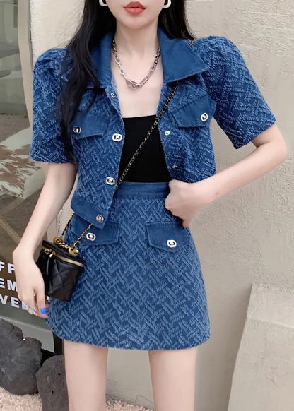 Vogue Blue Peter Pan Collar Print Coats And Shorts Two Pieces Set Summer TY1089 - fabuloryshop