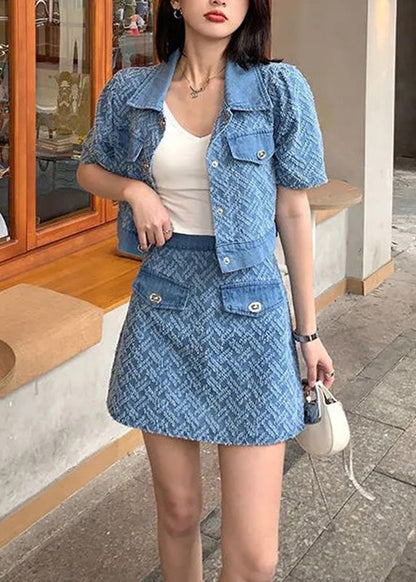 Vogue Blue Peter Pan Collar Print Coats And Shorts Two Pieces Set Summer TY1089 - fabuloryshop