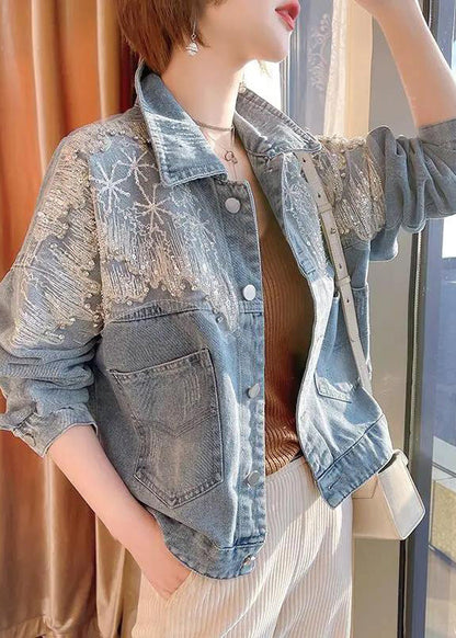 Vogue Blue Peter Pan Collar Tulle Patchwork Sequins Button Denim Coats Fall TY1034 - fabuloryshop