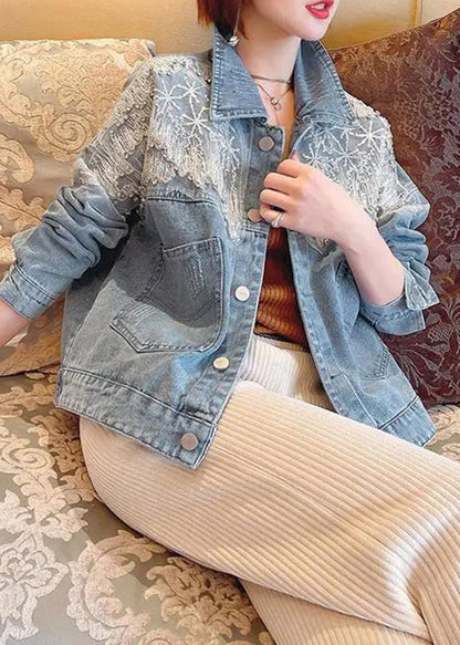 Vogue Blue Peter Pan Collar Tulle Patchwork Sequins Button Denim Coats Fall TY1034 - fabuloryshop