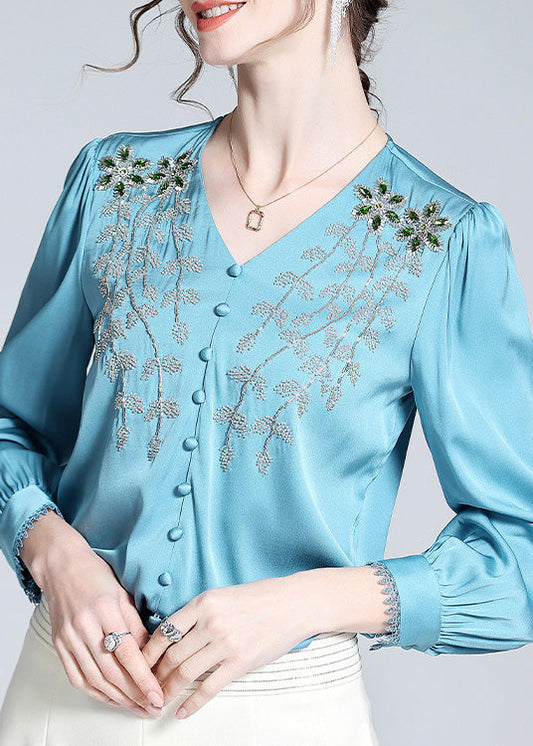 Vogue Blue V Neck Embroideried Button Nail Bead Silk Top Long Sleeve LY0709 - fabuloryshop