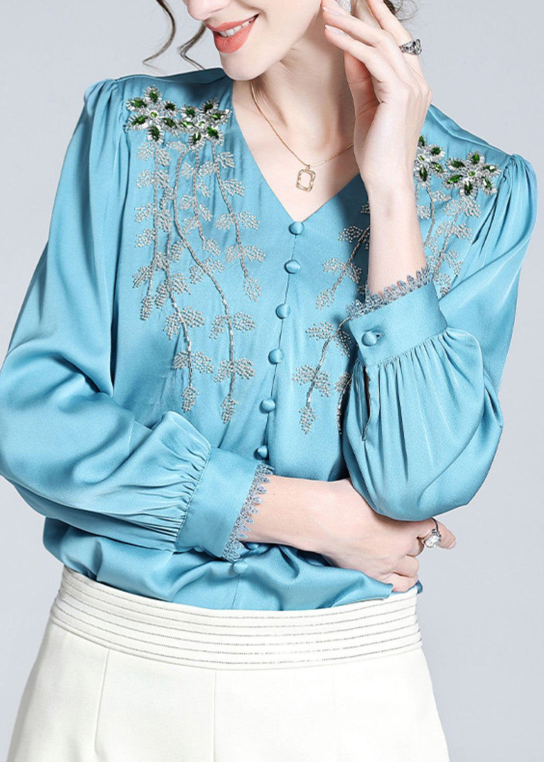 Vogue Blue V Neck Embroideried Button Nail Bead Silk Top Long Sleeve LY0709 - fabuloryshop