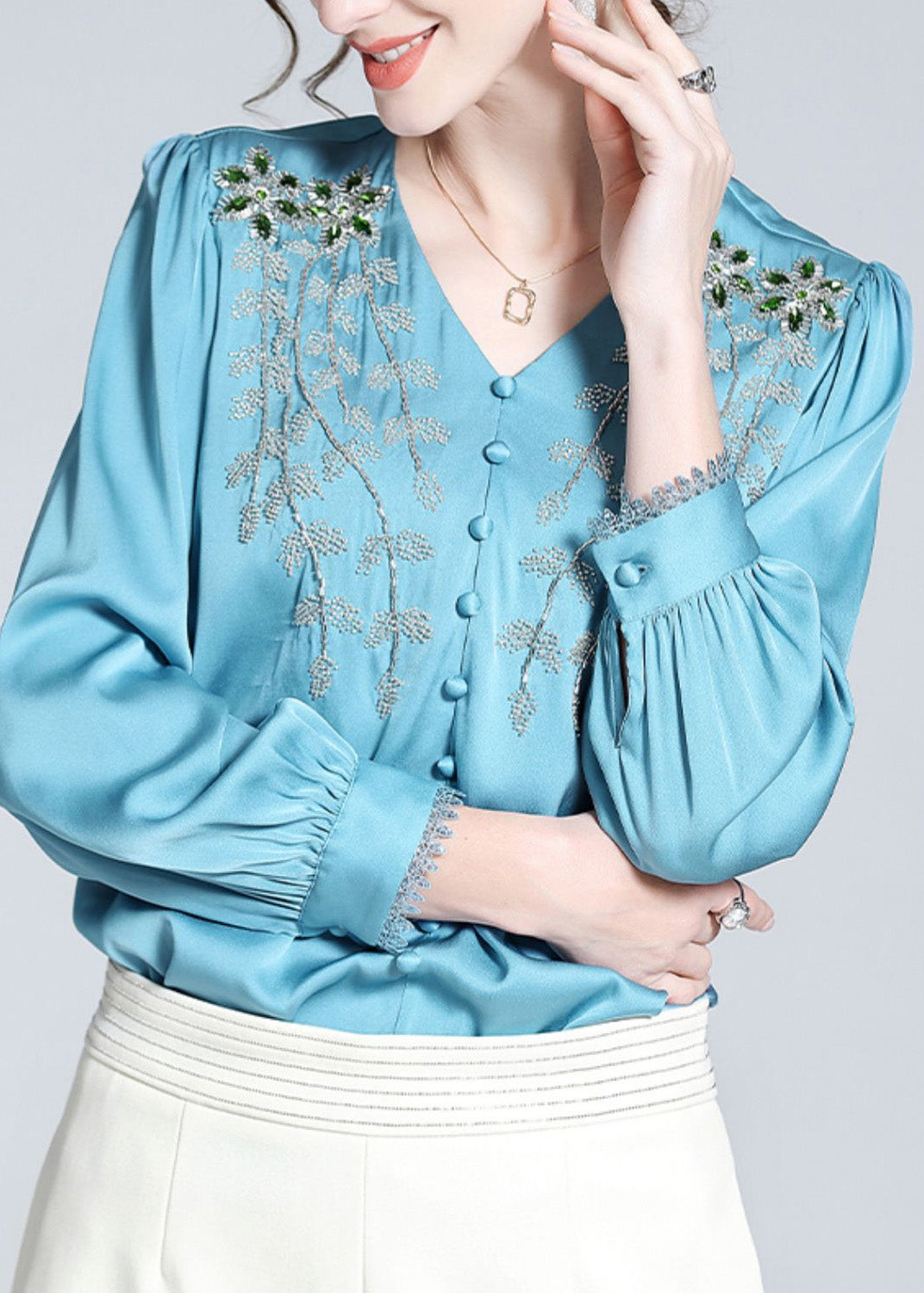Vogue Blue V Neck Embroideried Button Nail Bead Silk Top Long Sleeve AC3015