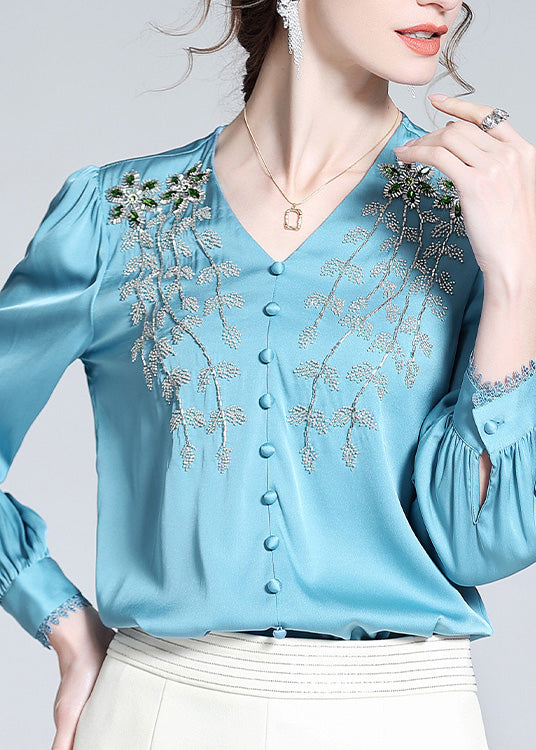 Vogue Blue V Neck Embroideried Button Nail Bead Silk Top Long Sleeve LY0709