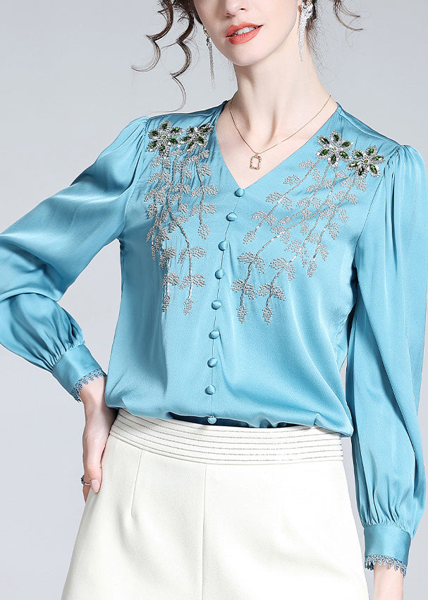 Vogue Blue V Neck Embroideried Button Nail Bead Silk Top Long Sleeve AC3015