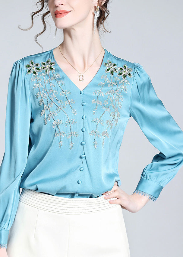 Vogue Blue V Neck Embroideried Button Nail Bead Silk Top Long Sleeve LY0709