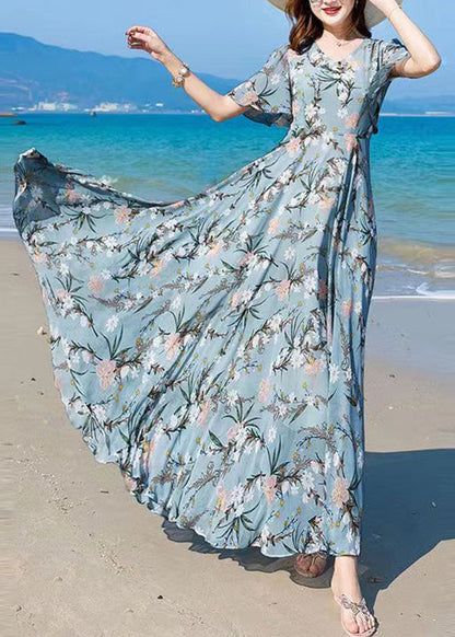 Vogue Blue V Neck Print Chiffon Maxi Beach Dresses Summer LY1727 - fabuloryshop