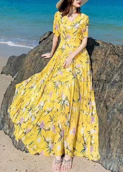 Vogue Blue V Neck Print Chiffon Maxi Beach Dresses Summer LY1727 - fabuloryshop