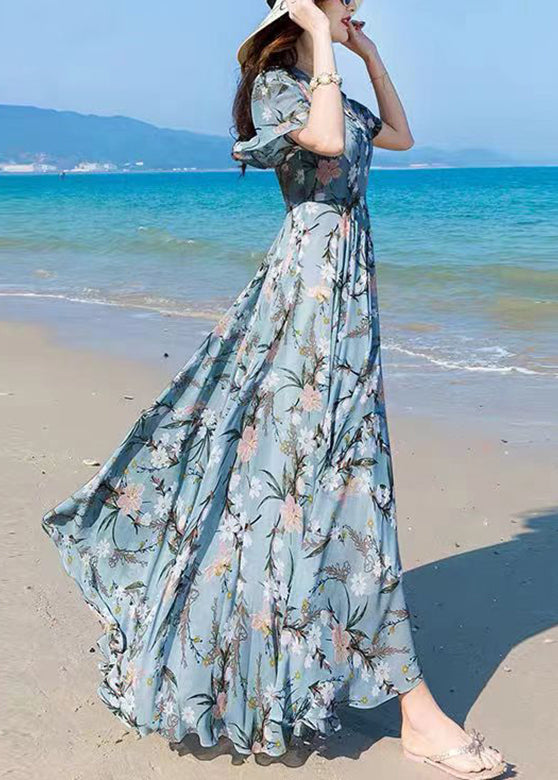 Vogue Blue V Neck Print Chiffon Maxi Beach Dresses Summer LY1727 - fabuloryshop