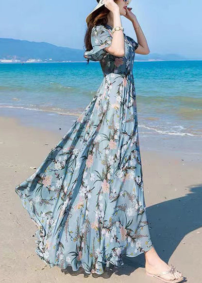 Vogue Blue V Neck Print Chiffon Maxi Beach Dresses Summer LY1727 - fabuloryshop