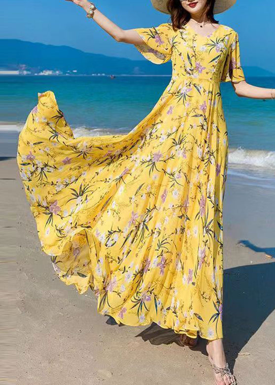 Vogue Blue V Neck Print Chiffon Maxi Beach Dresses Summer LY1727 - fabuloryshop