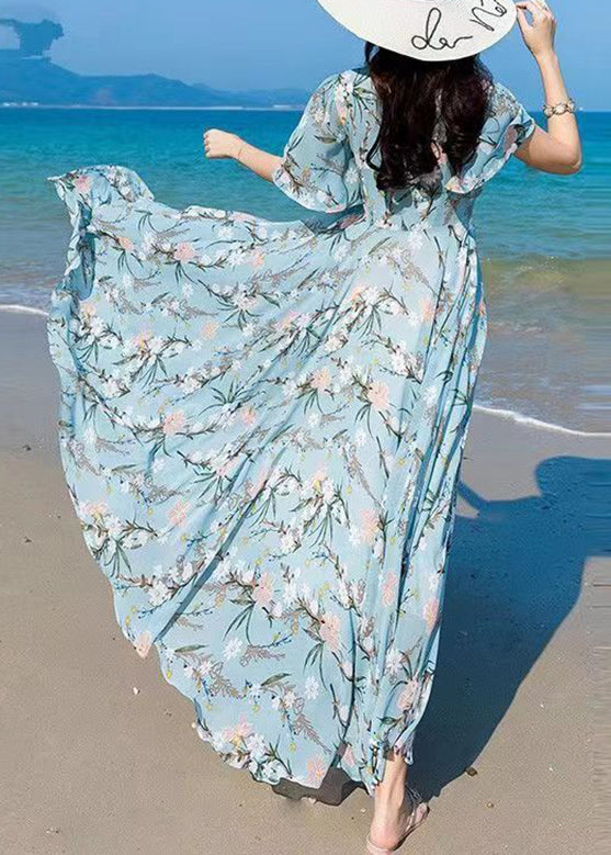 Vogue Blue V Neck Print Chiffon Maxi Beach Dresses Summer LY1727 - fabuloryshop