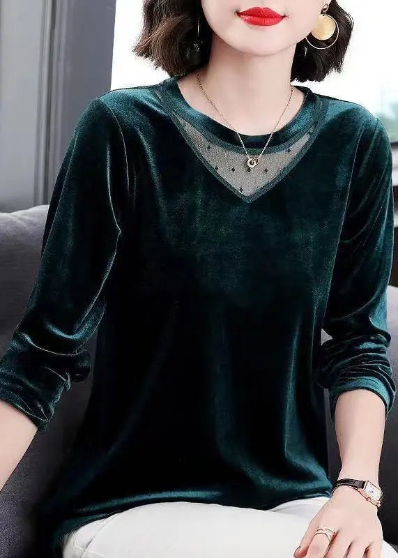 Vogue Green Tulle Patchwork Silk Velour Shirt Tops Long Sleeve Ada Fashion