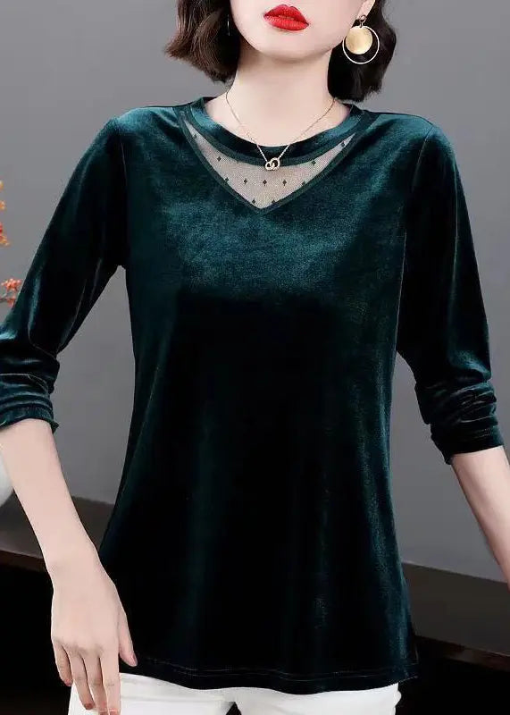 Vogue Green Tulle Patchwork Silk Velour Shirt Tops Long Sleeve Ada Fashion