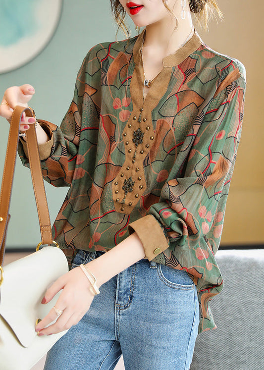 Vogue Green V Neck Print Nail Bead Low High Design Chiffon Shirt Long Sleeve LY6205 - fabuloryshop