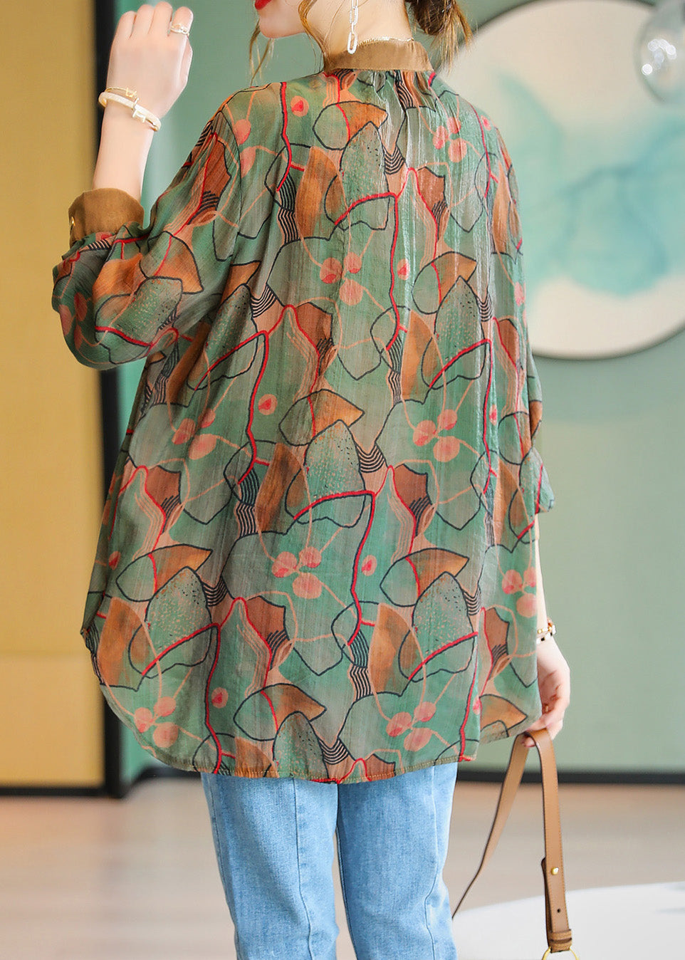 Vogue Green V Neck Print Nail Bead Low High Design Chiffon Shirt Long Sleeve LY6205 - fabuloryshop