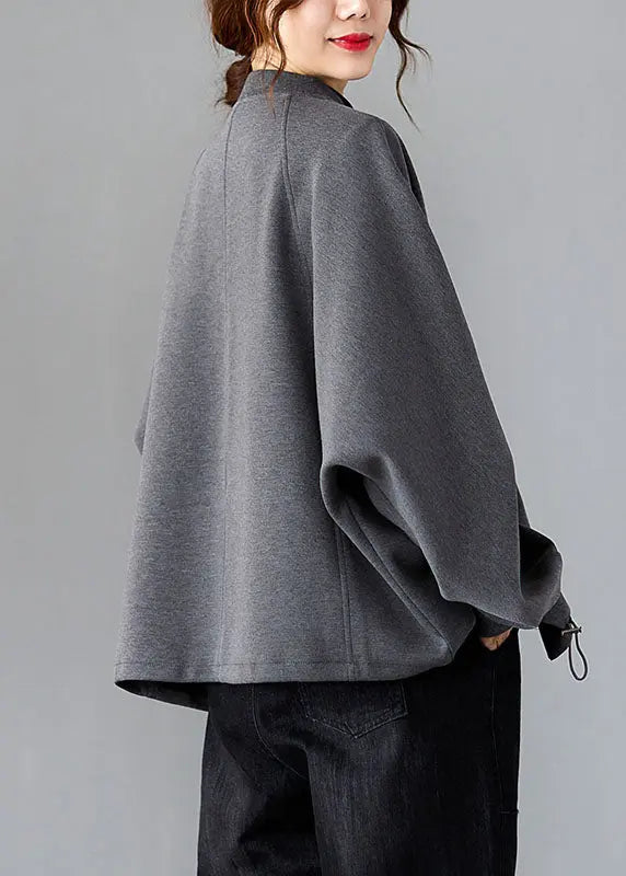 Vogue Grey O-Neck Patchwork Drawstring Coat Long Sleeve Ada Fashion