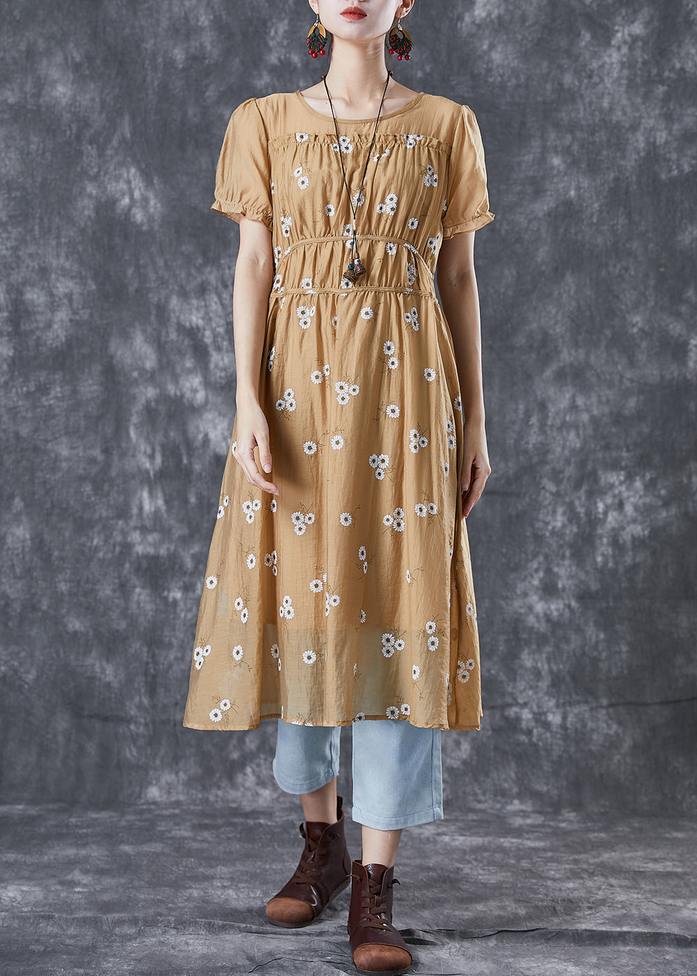 Vogue Khaki Puff Sleeve Patchwork Print Wrinkled Chiffon Dress Summer TA1029 - fabuloryshop