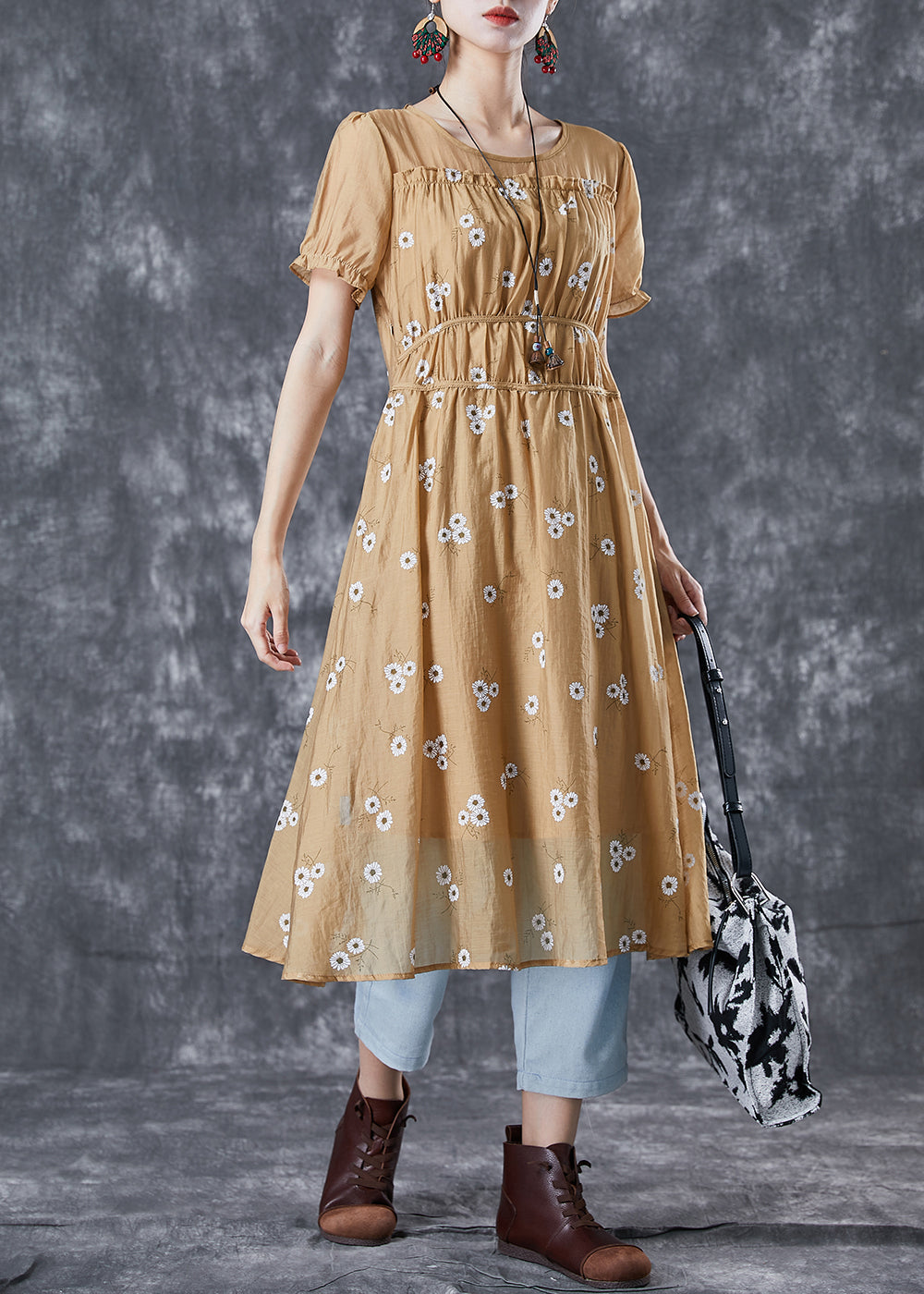 Vogue Khaki Puff Sleeve Patchwork Print Wrinkled Chiffon Dress Summer TA1029 - fabuloryshop