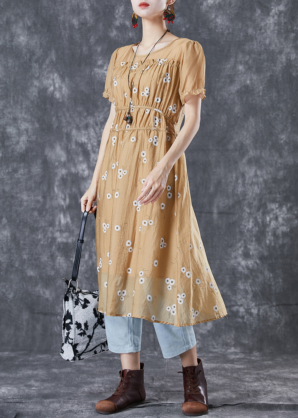 Vogue Khaki Puff Sleeve Patchwork Print Wrinkled Chiffon Dress Summer TA1029 - fabuloryshop