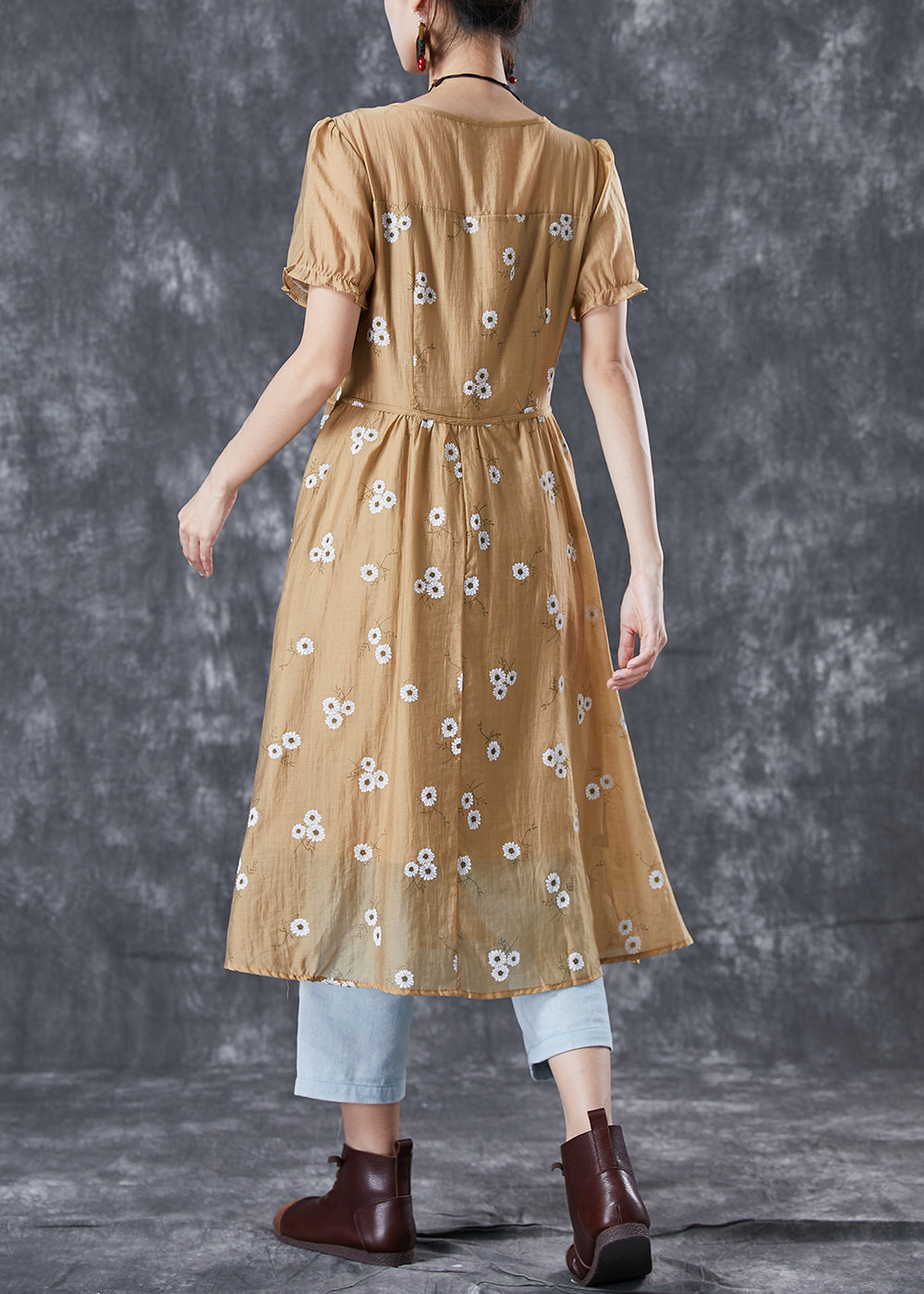 Vogue Khaki Puff Sleeve Patchwork Print Wrinkled Chiffon Dress Summer TA1029 - fabuloryshop