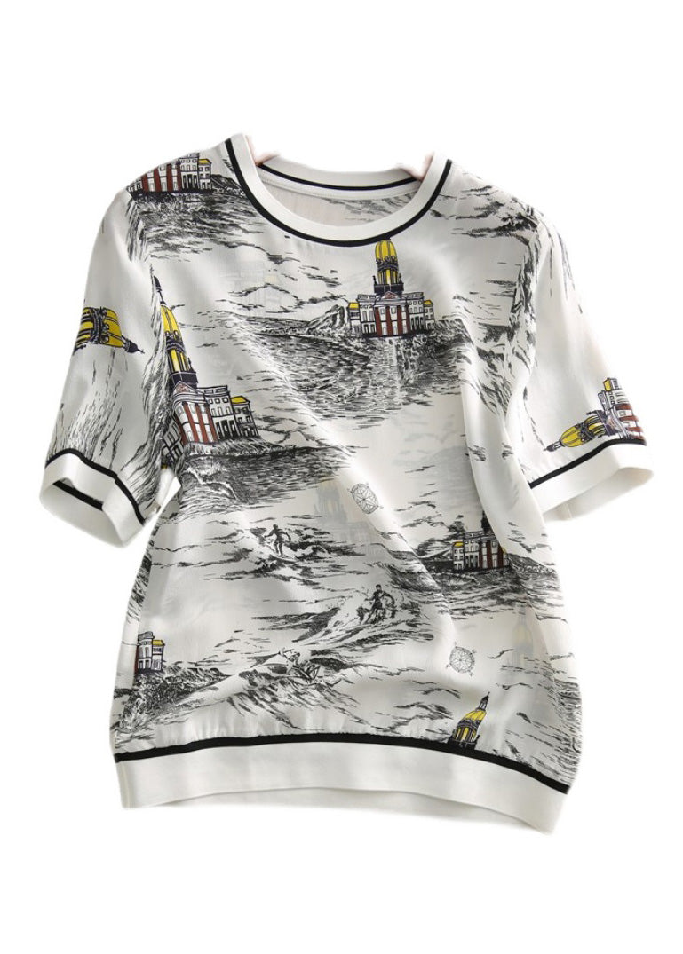 Vogue O-Neck Print Silk T Shirt Short Sleeve LY0399 - fabuloryshop