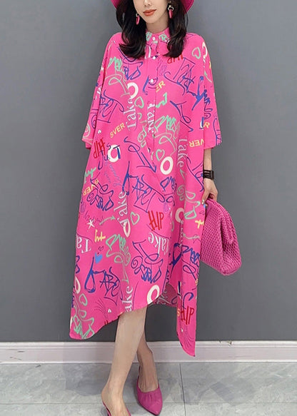 Vogue Red Asymmetrical Graphic Print Button Maxi Shirts Dress Long Sleeve LY4393 - fabuloryshop