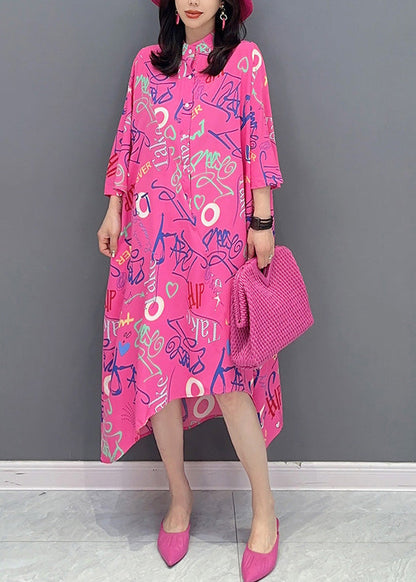 Vogue Red Asymmetrical Graphic Print Button Maxi Shirts Dress Long Sleeve LY4393 - fabuloryshop